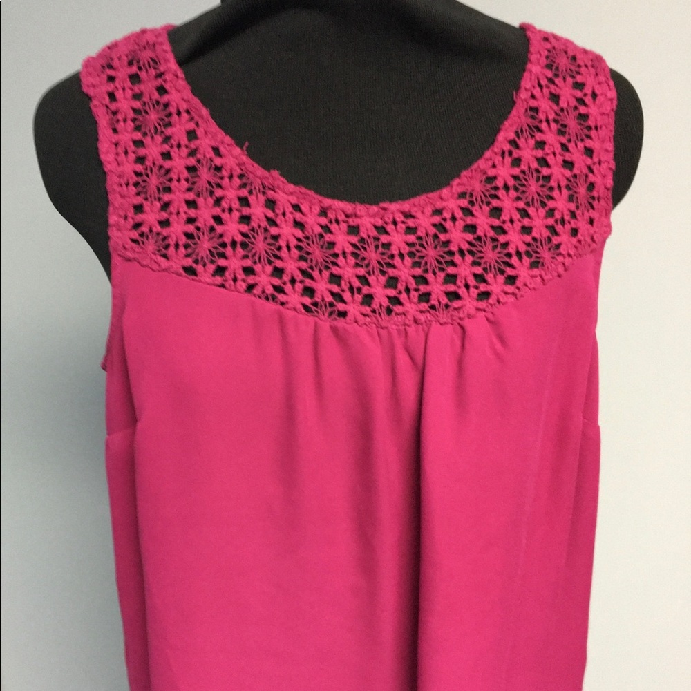 Magenta Sleeveless Crocheted Floral Sheer Blouse